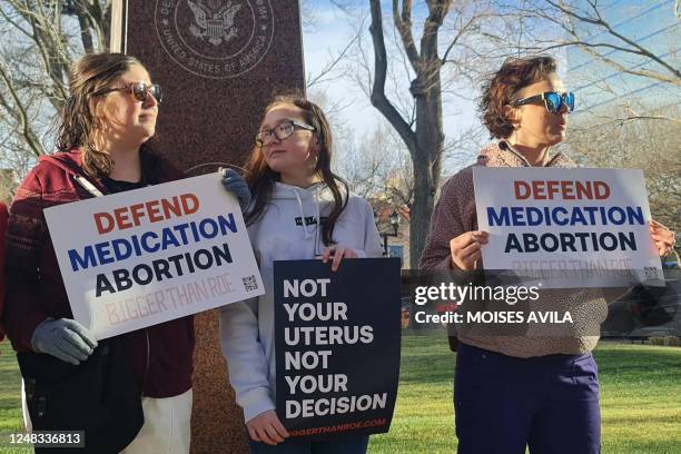 Abortion rights adovcates gather in front of the J Marvin Jones Federal Building and Courthouse in Amarillo, Texas, on March 15, 2023. - US abortion...