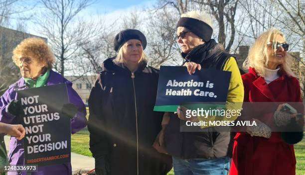 Abortion rights adovcates gather in front of the J Marvin Jones Federal Building and Courthouse in Amarillo, Texas, on March 15, 2023. - US abortion...