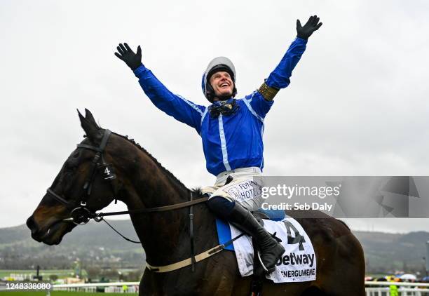 Gloucestershire , United Kingdom - 15 March 2023; Jockey Paul Townend celebrates on Energumene after winning the Betway Queen Mother Champion Chase...