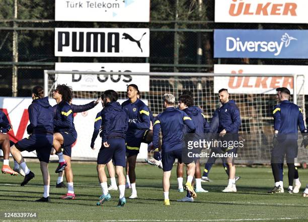 Arao , Jayden Oosterwolde and Serdar Dursun of Fenerbahce attend a training session ahead of the UEFA Europa League tour 16 match between Sevilla and...