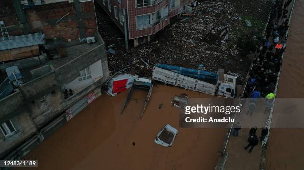 An aerial view of the flooded area as rescue works continue for those stranded due to floods in Sanliurfa, Turkiye on March 15, 2023. Search and...
