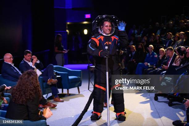 Chief Engineer Jim Stein wears the new spacesuit during the Axiom Space Artemis III Lunar Spacesuit event at Space Center Houston in Houston, Texas,...