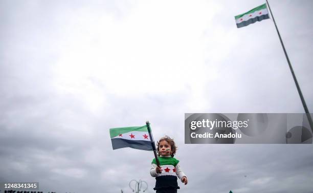 Syrians stage a demonstration against Bashar al-Assad regime within the 12th anniversary of the Syrian Civil War in Idlib, Syria on March 15, 2023....