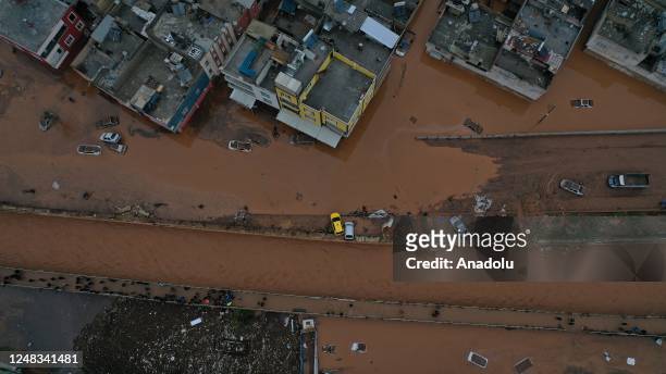 An aerial view of the flooded area as rescue works continue for those stranded due to floods in Sanliurfa, Turkiye on March 15, 2023. Search and...