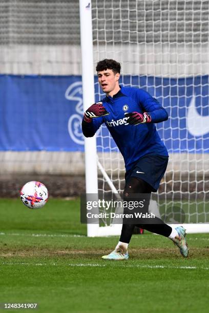 Kepa Arrizabalaga of Chelsea during a training session at Chelsea Training Ground on March 15, 2023 in Cobham, England.