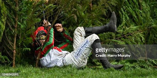 Gloucestershire , United Kingdom - 15 March 2023; Jockey Ben Jones is unseated by his mount Francky Du Berlais at the last during the Glenfarclas...