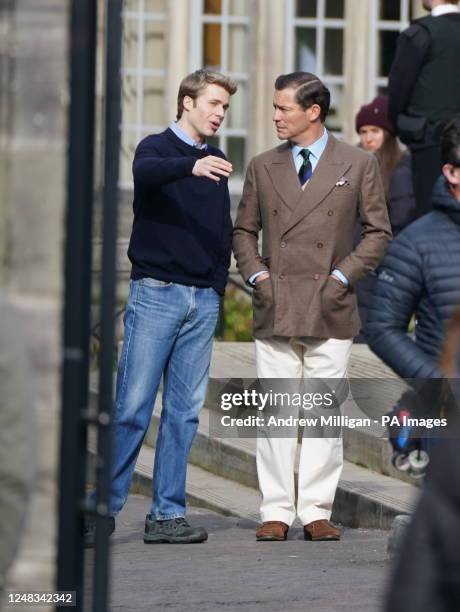 Ed McVey, playing the part of Prince William and Dominic West playing the part of Prince of Wales as they film scenes for the next season of The...