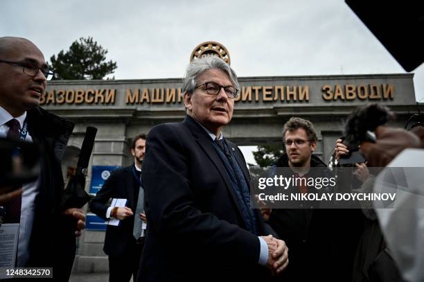 European Union Commissioner for Internal Market Thierry Breton speaks to journalists in front of the main entrance of VMZ Sopot armaments factory in...