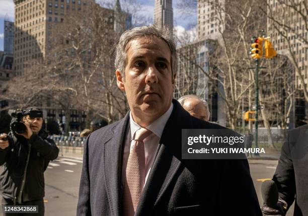 Former Trump Attorney Michael Cohen arrives at the district attorney's office to complete his testimony before a grand jury on March 15, 2023 in New...
