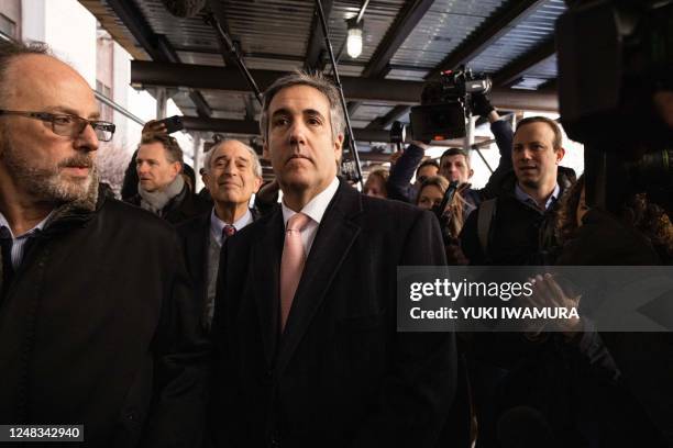 Former Trump Attorney Michael Cohen arrives at the district attorney's office to complete his testimony before a grand jury on March 15, 2023 in New...