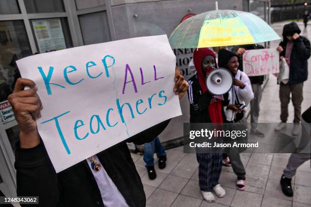 Los Angeles, CA Students protest upcoming layoffs of members of the teachers unions at Centinela Valley Union High School District headquarters on...