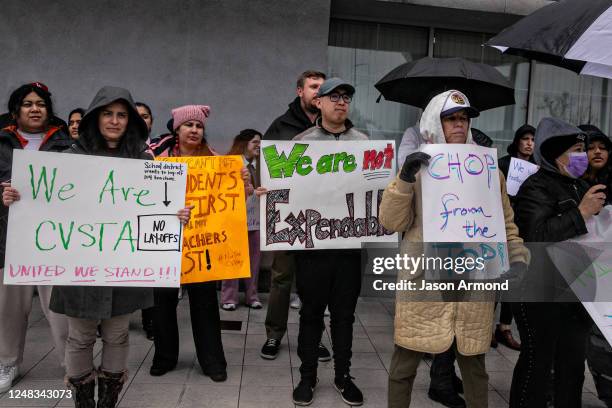 Los Angeles, CA Teachers, students, parents and community members protest upcoming layoffs of members of the teachers unions at Centinela Valley...