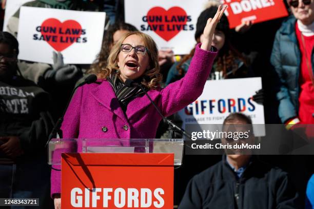 Former Rep. Gabby Giffords , who survived being shot during a 2011 mass shooting, speaks to a large crowd to demand action on gun safety at the...