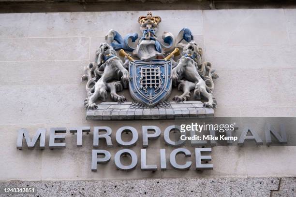 Sign and crest for the Metropolitan Police at their former Shoreditch Police Station on 6th March 2023 in London, United Kingdom. The Metropolitan...