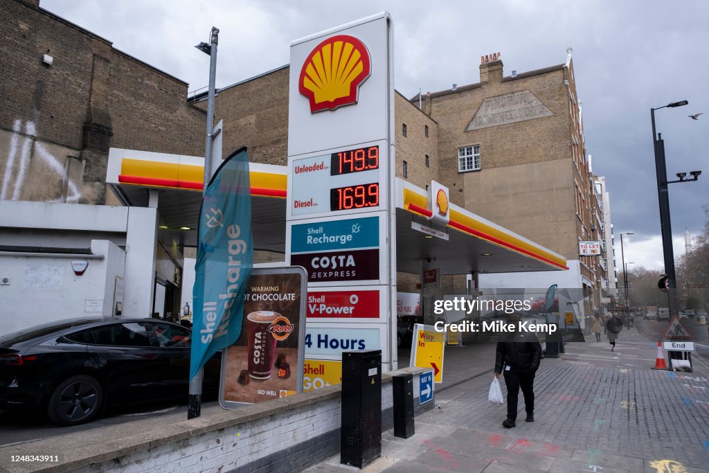 Shell 94 Shell Oil Company logo outside a petrol station at Old Street on 6th ...