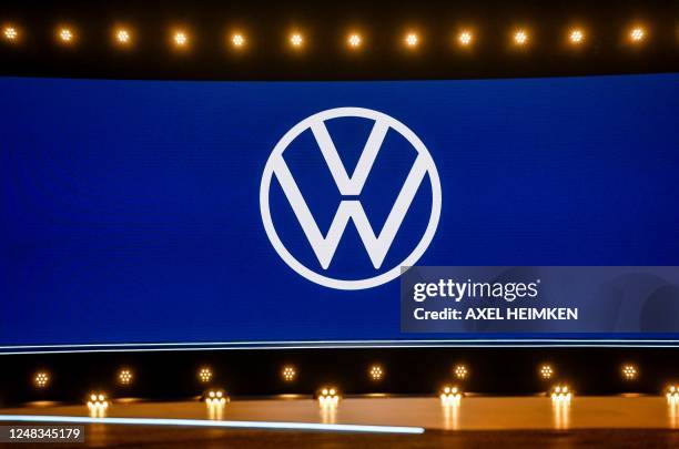 The logo of the Volkswagen company is seen during a presentation at the Congress Center in Hamburg on March 15, 2023.