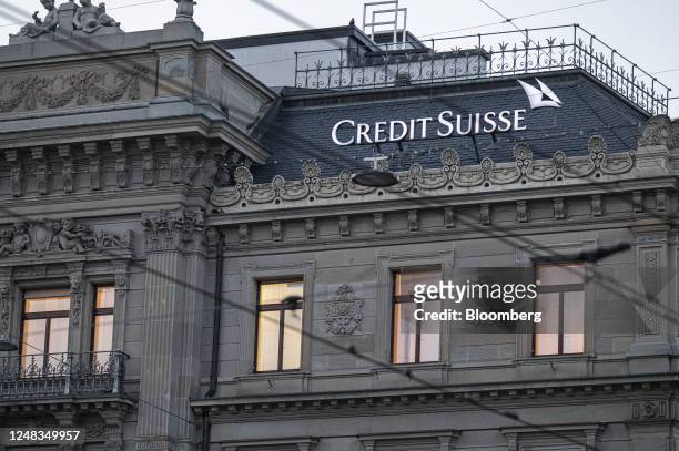 The Credit Suisse Group AG headquarters in Zurich, Switzerland, on Wednesday, March 15, 2023. Shares in Credit Suisse fell by a record amount...