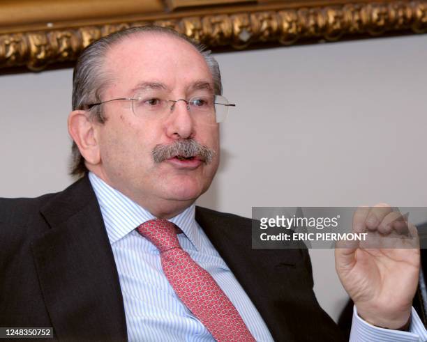 Picture taken April 2, 2008 shows Spanish construction group Sacyr Vallehermoso chief Luis Del Rivero speaking during a press conference at his...