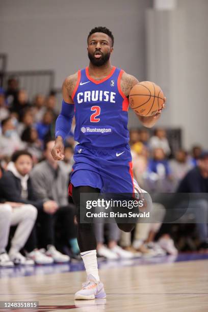 David Nwaba of the Motor City Cruise handles the ball during the first half on March 15, 2023 at Wayne State Fieldhouse in Detroit, Michigan. NOTE TO...