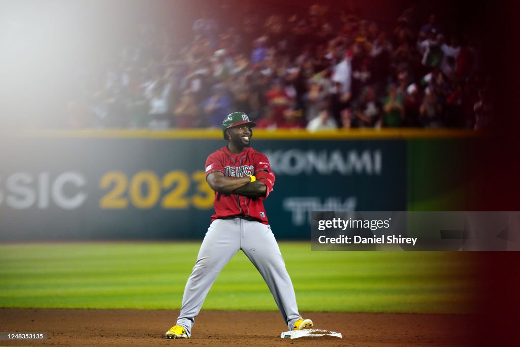 Mexico Randy Baseball Randy Arozarena of Team Mexico reacts to hitting a three-run double ...
