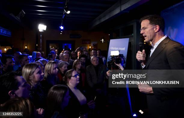 Dutch Prime Minister and VVD leader Mark Rutte delivers a speech during an election evening event after Netherlands' Provincial Council elections in...