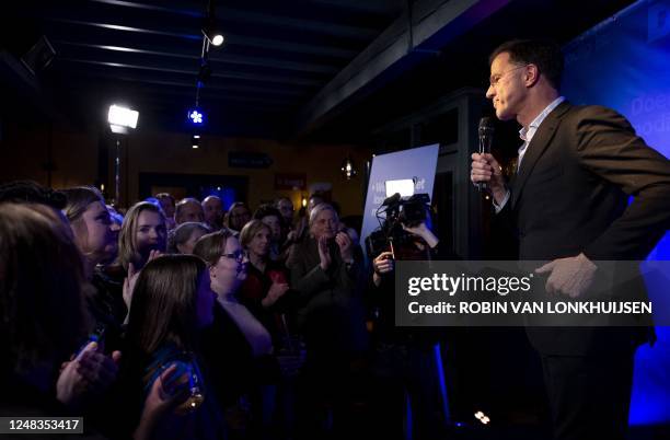 Dutch Prime Minister and VVD leader Mark Rutte delivers a speech during an election evening event after Netherlands' Provincial Council elections in...