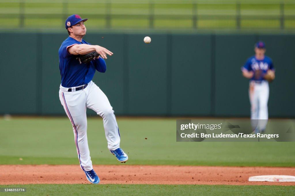 Texas Spring Training Justin Foscue of the Texas Rangers throws the ball during a spring ...