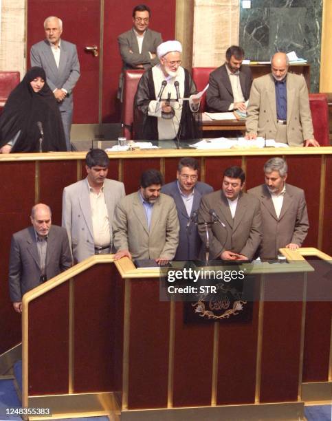 Iranian parliament speaker Mehdi Karrubi with other directors swear their allegiance after parliament's annual elections for board of director 12...