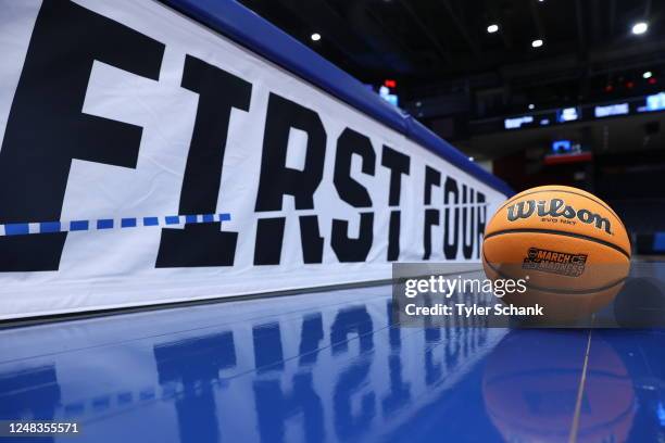 Basketball sits on the floor before the game between the Texas Southern Tigers and the Fairleigh Dickinson Knights during the First Four round of the...