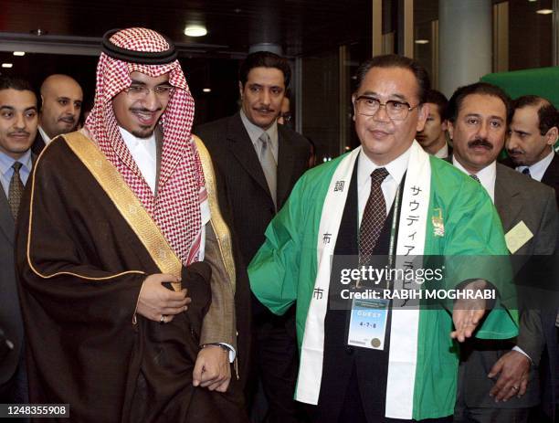 Mayor of the Japanese city of Chofu Yoshio Katsuyuki welcomes Saudi prince Nawaf bin Faysal Bin Fahed , vice-chairman of the Saudi Youths committee,...