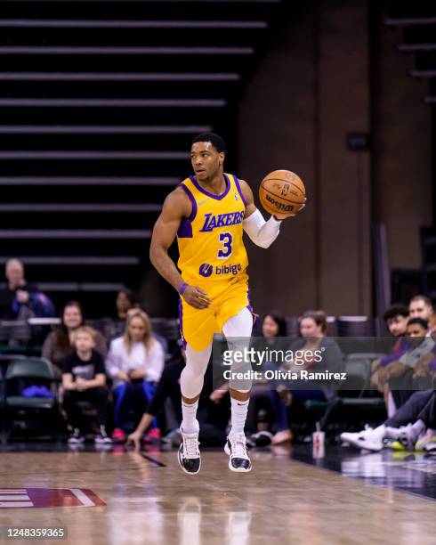 Shaquille Harrison dribbles during the game against the Austin Spurs on March 15, 2023 at H-E-B Center at Cedar Park in Cedar Park, Texas. NOTE TO...