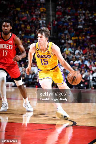 Austin Reaves of the Los Angeles Lakers drives to the basket during the game against the Houston Rockets on March 15, 2023 at the Toyota Center in...