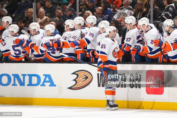 Kyle Palmieri of the New York Islanders celebrates his goal with teammates during the first period against the Anaheim Ducks at Honda Center on March...