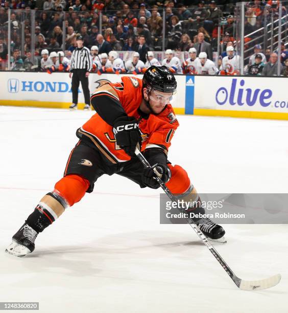 Trevor Zegras of the Anaheim Ducks reaches for the puck during the first period against the New York Islanders at Honda Center on March 15, 2023 in...