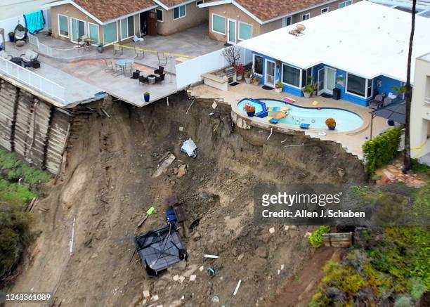 San Clemente, CA An aerial view of four cliff-side, ocean-view apartment buildings that were evacuated and tagged after heavy rains brought on a...