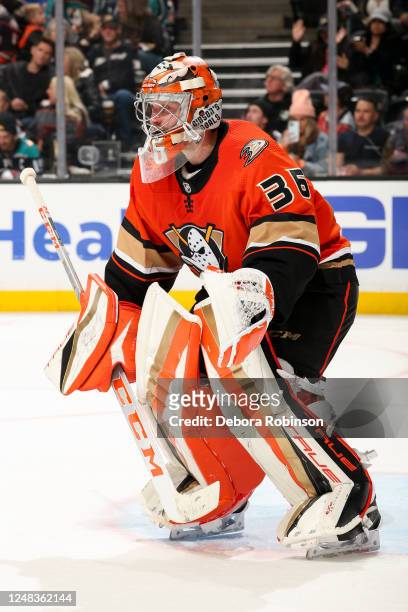 John Gibson of the Anaheim Ducks protects the goal during the second period against the New York Islanders at Honda Center on March 15, 2023 in...