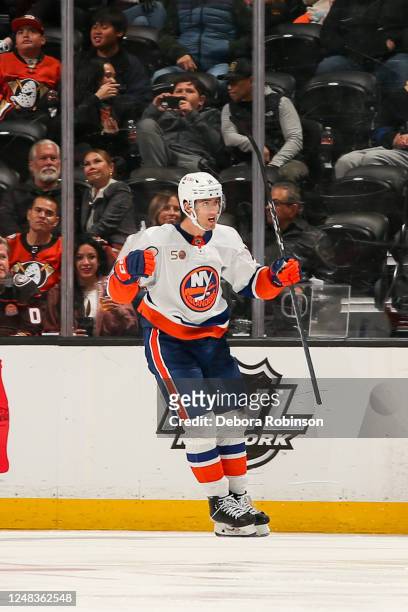 Pierre Engvall of the New York Islanders celebrates his goal with teammates during the third period against the Anaheim Ducks at Honda Center on...