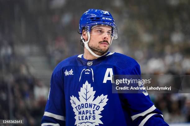 Auston Matthews of the Toronto Maple Leafs looks on against the Colorado Avalanche during the third period at the Scotiabank Arena on March 15, 2023...