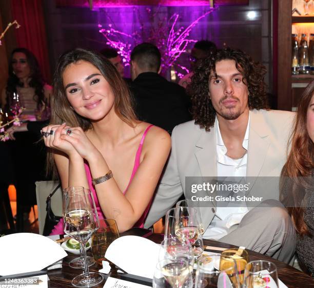 Stefanie Giesinger, Jeremy Steeb and Lena Klenke during the Mandarin Oriental Munich Nobu Hanami Party at Hotel Mandarin Oriental on March 15, 2023...