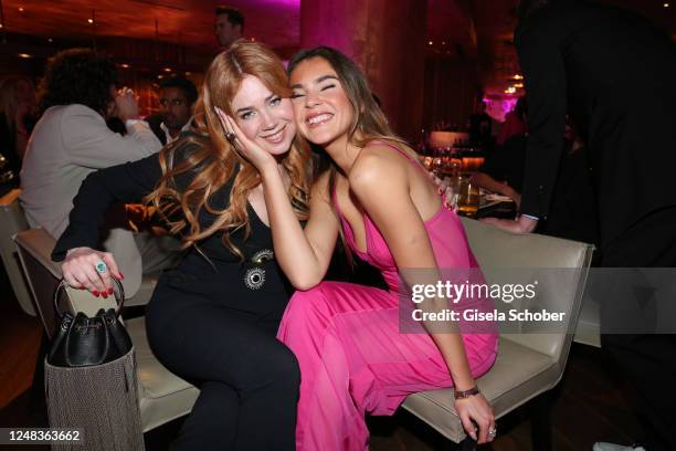 Palina Rojinski and Stefanie Giesinger during the Mandarin Oriental Munich Nobu Hanami Party at Hotel Mandarin Oriental on March 15, 2023 in Munich,...