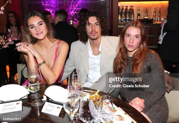 Stefanie Giesinger, Jeremy Steeb, son of Carl-Uwe and Kim Steeb, and Lena Klenke during the Mandarin Oriental Munich Nobu Hanami Party at Hotel...