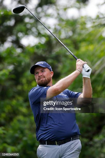Shane Lowry of Ireland hits a drive at the 5th hole during the first round of THE PLAYERS Championship on THE PLAYERS Stadium Course at TPC Sawgrass...