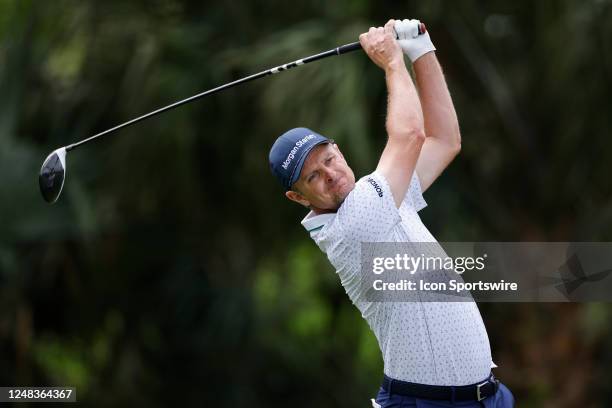 Justin Rose of England hits a drive at the 7th hole during the first round of THE PLAYERS Championship on THE PLAYERS Stadium Course at TPC Sawgrass...