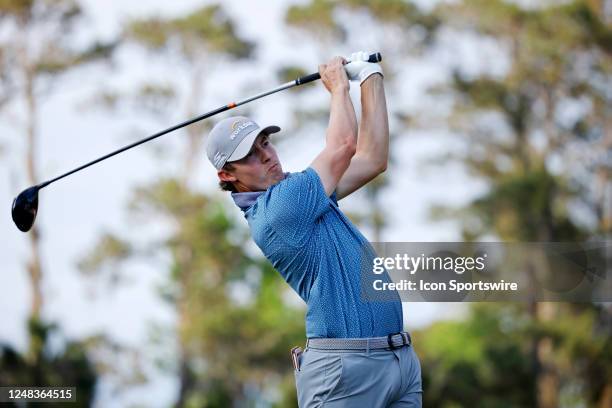 Matt Fitzpatrick of England hits his drive at the 16th hole during the first round of THE PLAYERS Championship on THE PLAYERS Stadium Course at TPC...