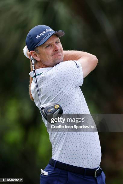 Justin Rose of England hits a drive at the 7th hole during the first round of THE PLAYERS Championship on THE PLAYERS Stadium Course at TPC Sawgrass...