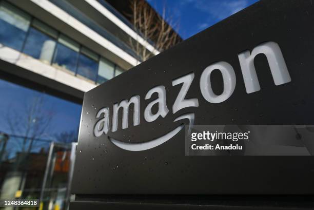View of the Amazon logo outside Amazon's offices in Dublin city center, Ireland on February 15, 2023. A few days ago Amazon company, announced it...