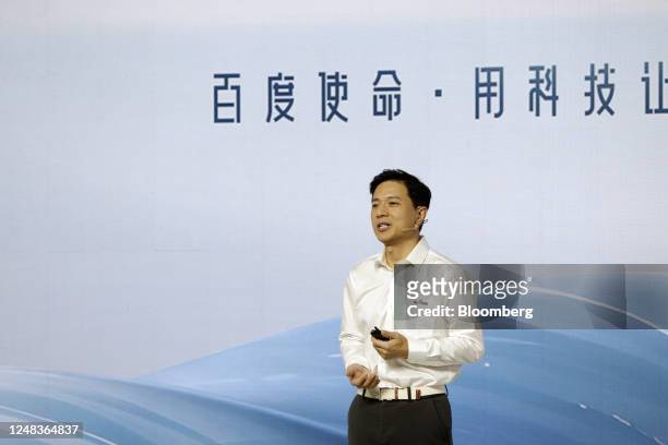 Robin Li, chairman and chief executive officer of Baidu Inc., speaks during a launch event for the company's Ernie Bot in Beijing, China, on...