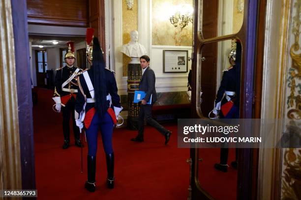 French Junior Minister for Public Accounts Gabriel Attal arrives for a voting session on the government's pension reform at the French Senate, the...