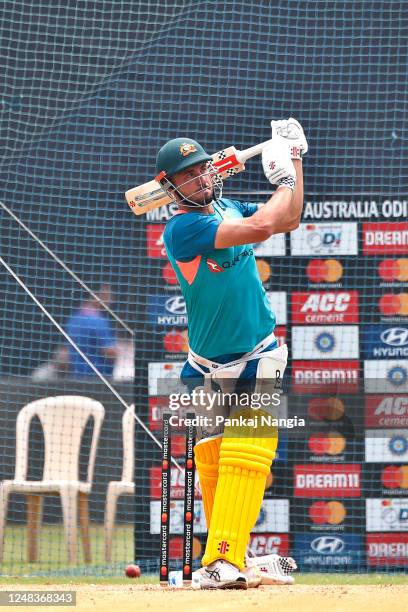 Marcus Stoinis of Australia bats during an Australian ODI squad training session at Wankhede Stadium on March 16, 2023 in Mumbai, India.