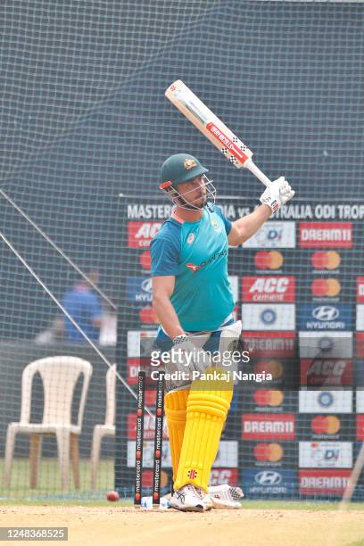 Marcus Stoinis of Australia bats during an Australian ODI squad training session at Wankhede Stadium on March 16, 2023 in Mumbai, India.